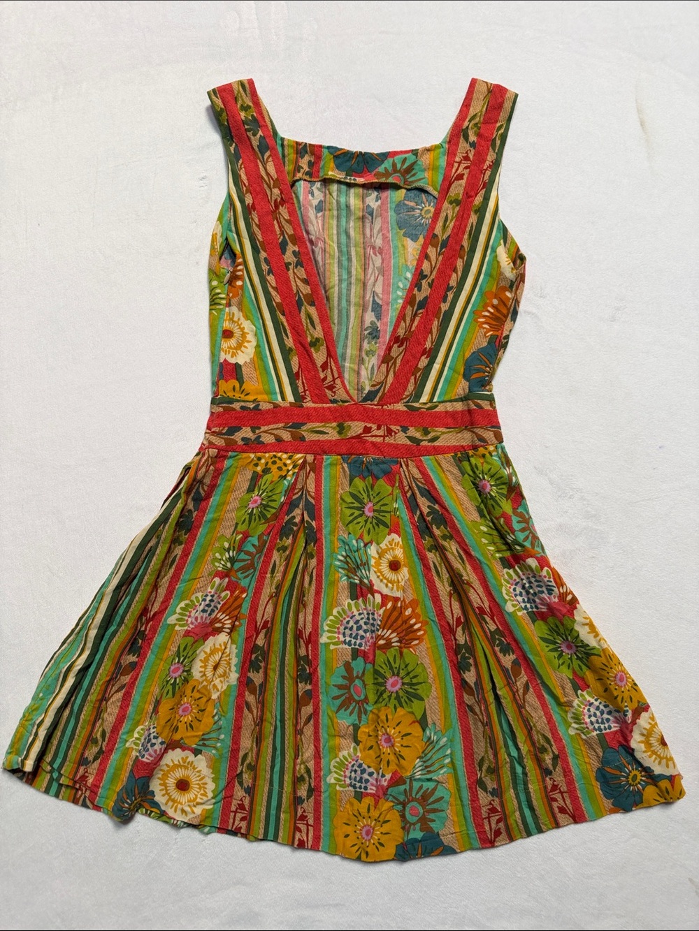 FARM Rio Multicolor Floral Stripe Mini Dress with Red Trim